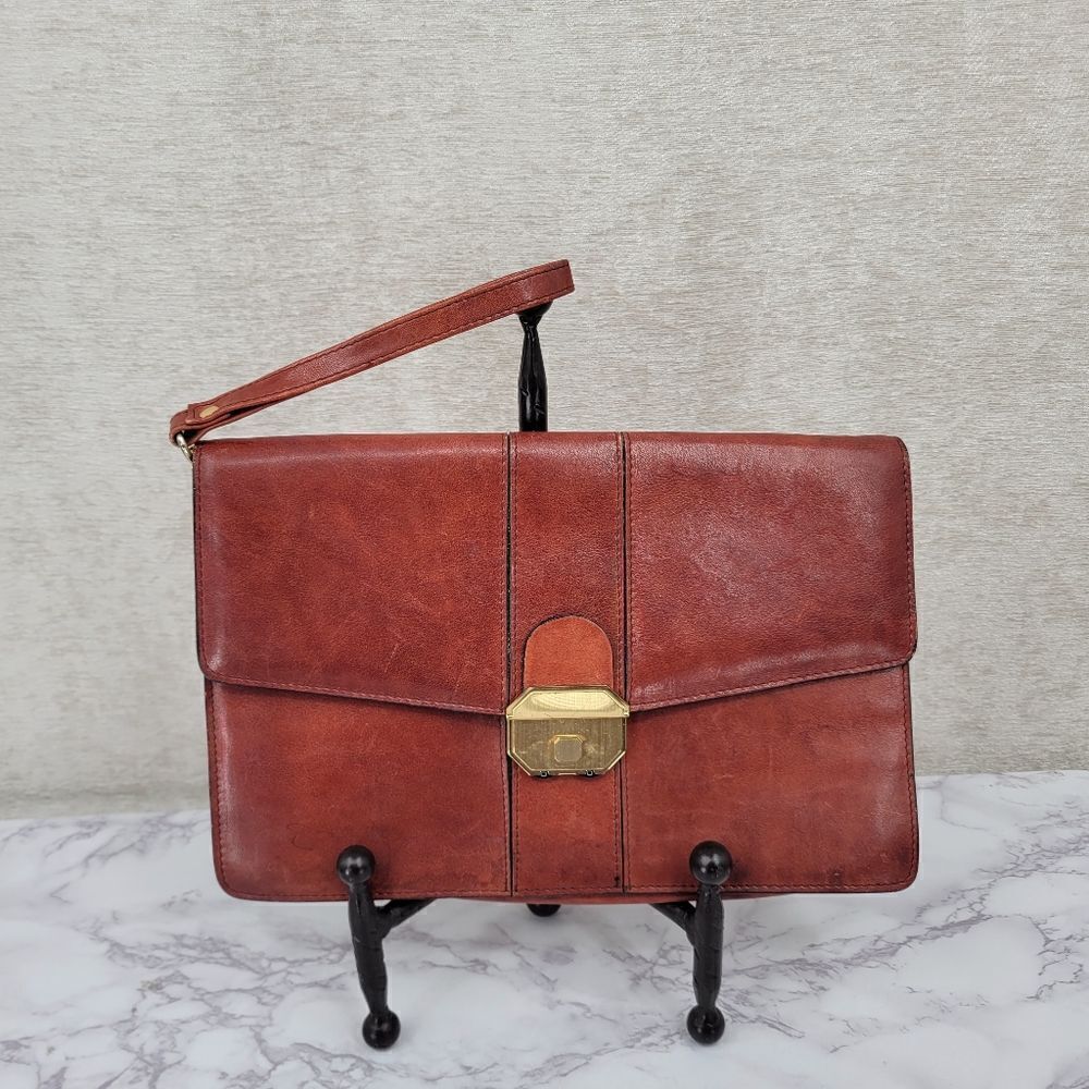 Vintage Leather Wristlet with Combination Lock Clasp Accordian Envelope
